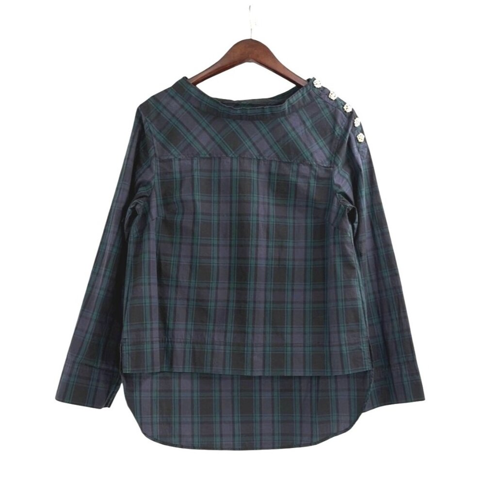 J. Crew Womens 6P Jeweled Plaid Shirt Classic Preppy Academia Green Blue K6800
